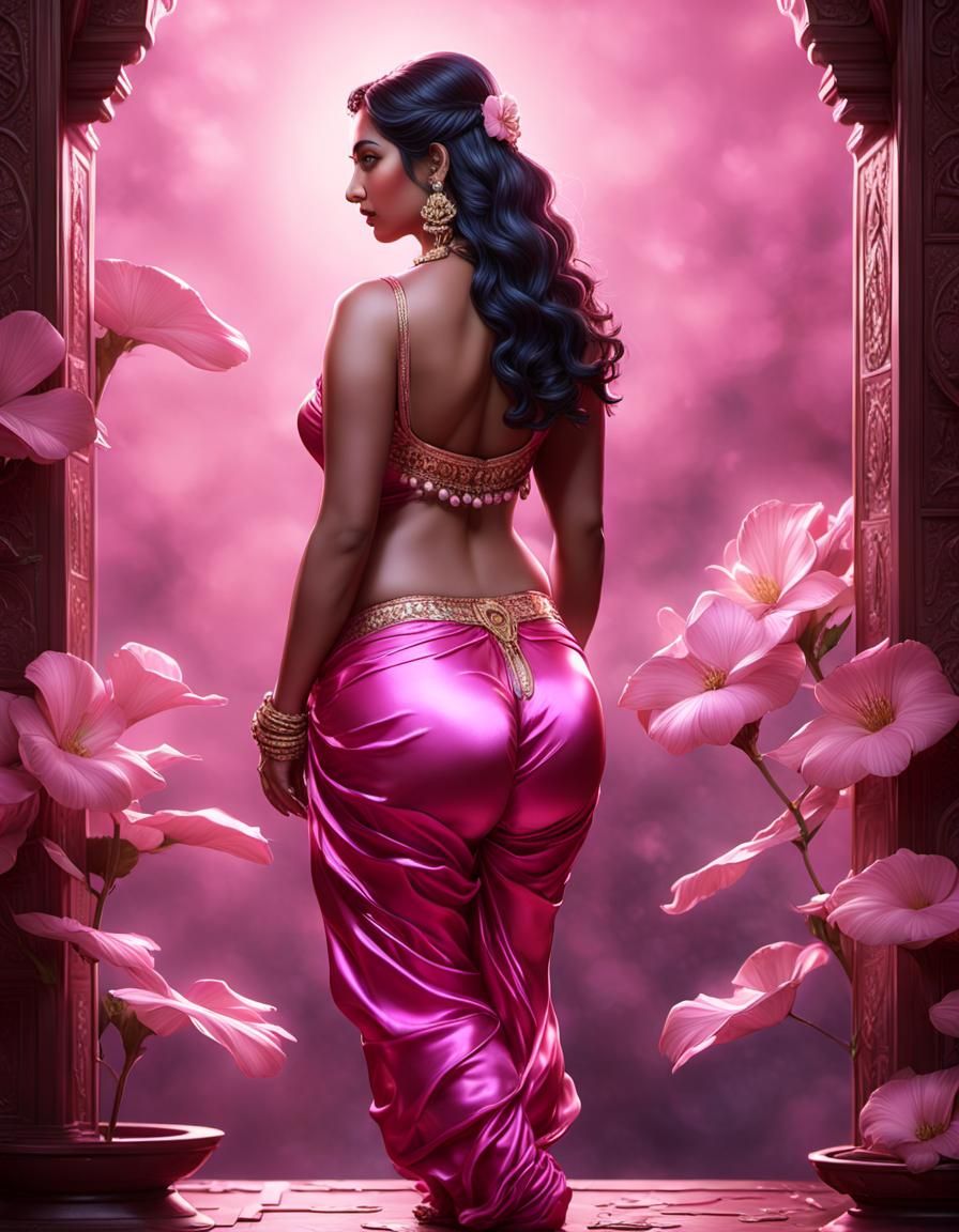 Curvy Goddess in Pink Satin: Hyperdetailed Dark Fantasy