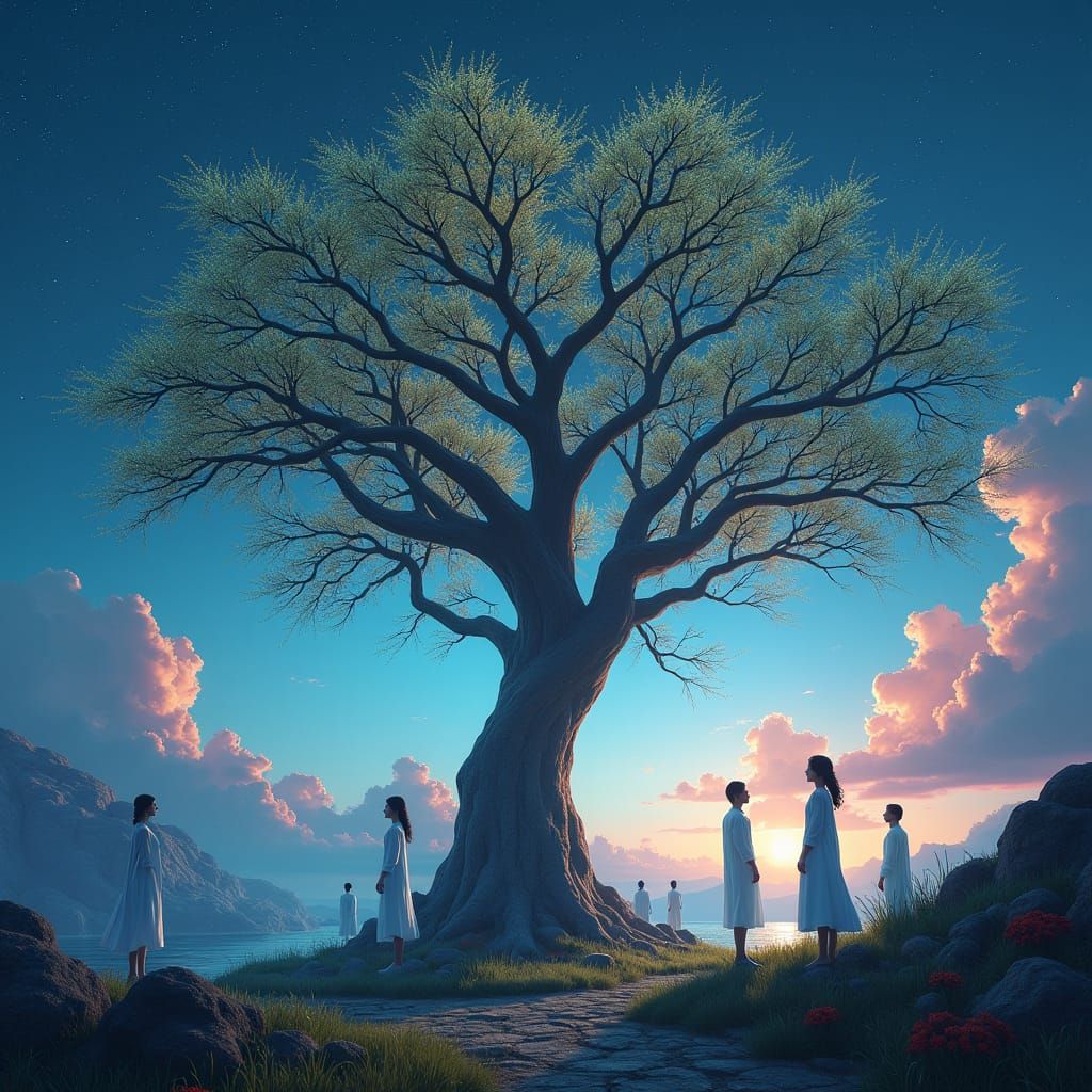 Bioluminescent Tree in Surreal Technological Landscape