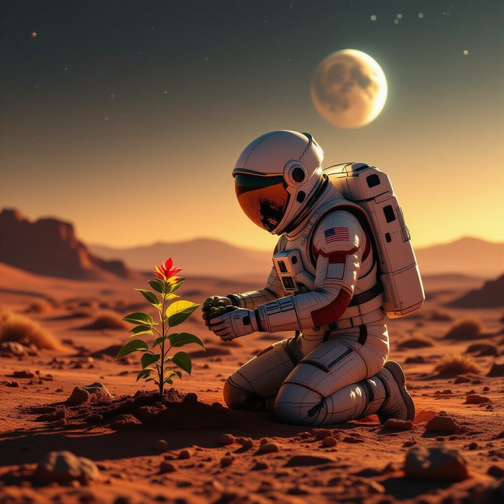 Astronaut Tends Alien Plant on Mars with Earthrise Glow