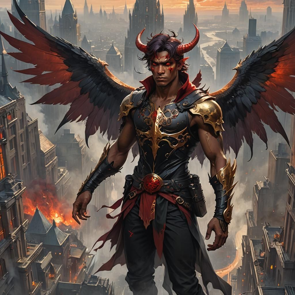 Winged Man in Gothic City, Dark Fantasy Art