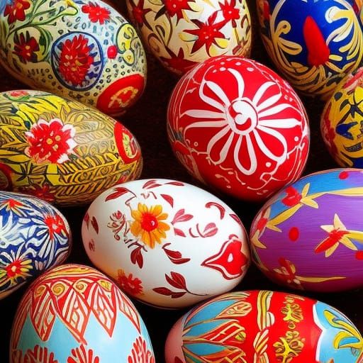 Detailed Folk Art Easter Eggs in Golden Light