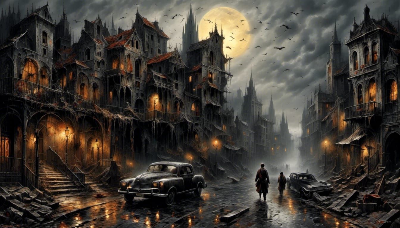 Dystopian Decay: Crumbling City in Grey and Red