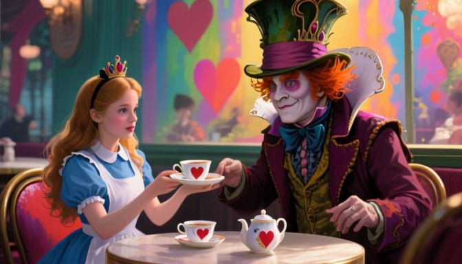 Mad Hatter Serves Tea to Alice and Queen of Hearts