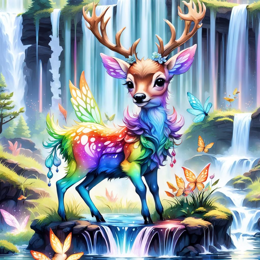 Rainbow Deer with Fairy Wings in Enchanted Forest