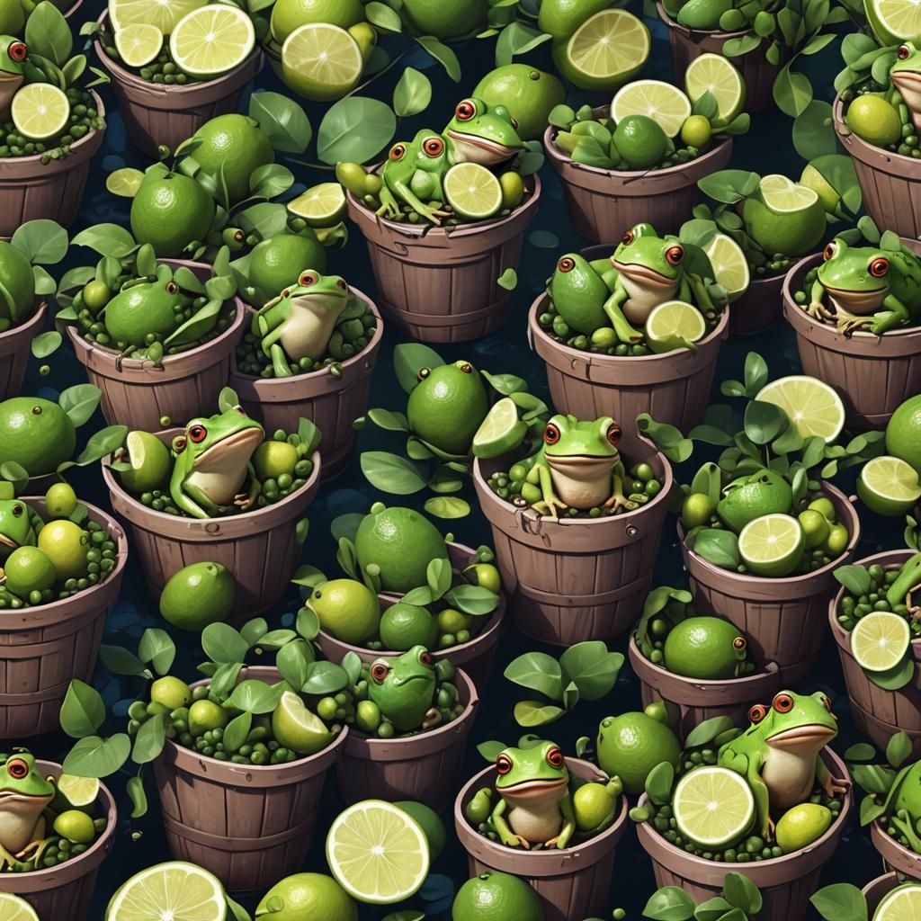 Cute Kawaii Frogs in Bucket of Limes