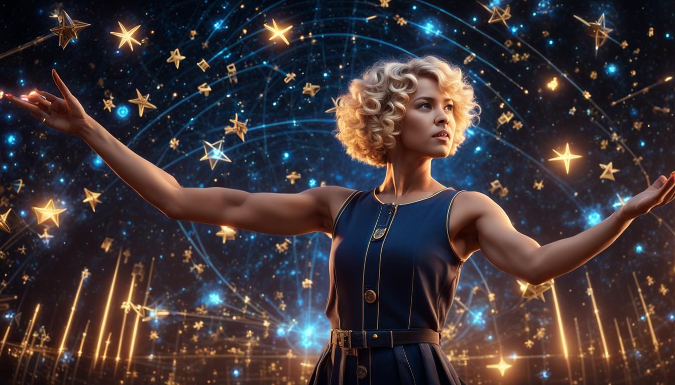 Tech Woman Surrounded by Science Symbols