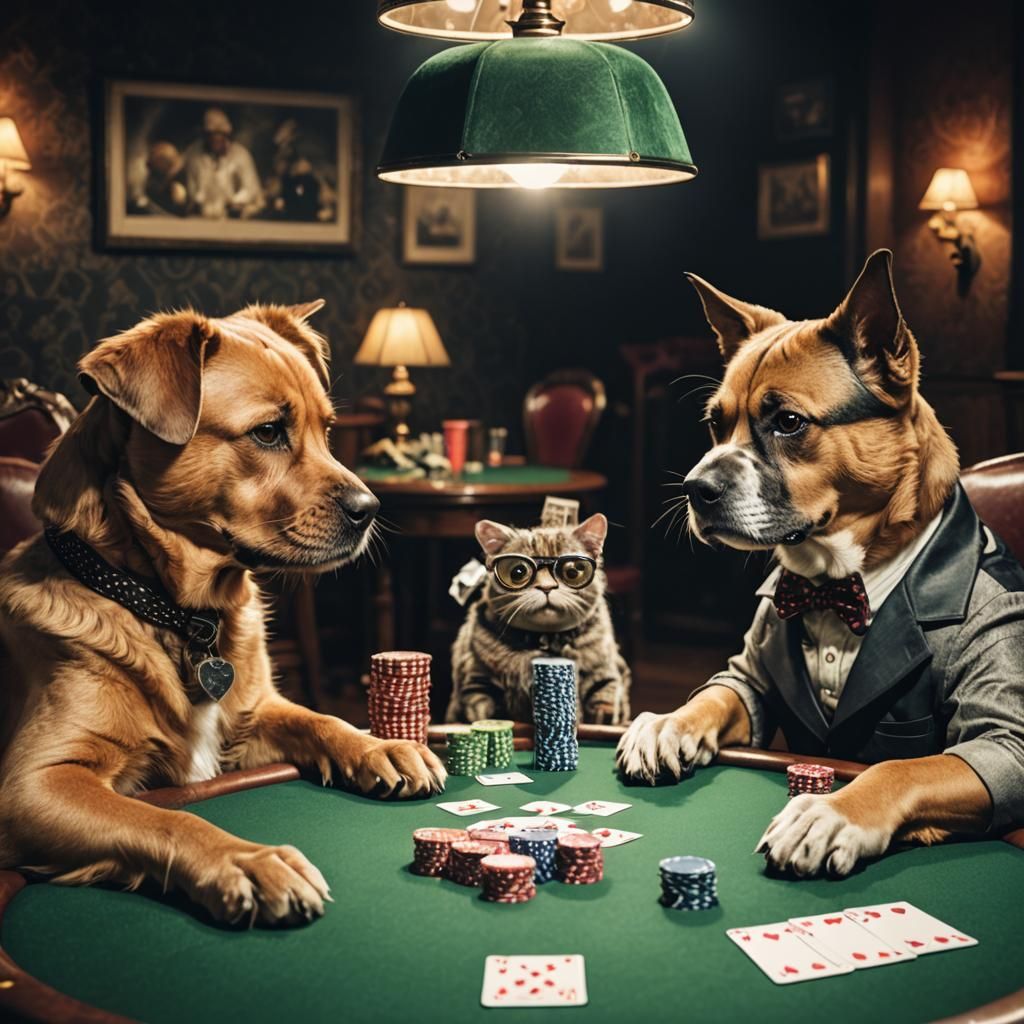 Cat and Dog Play Poker in Comic Style