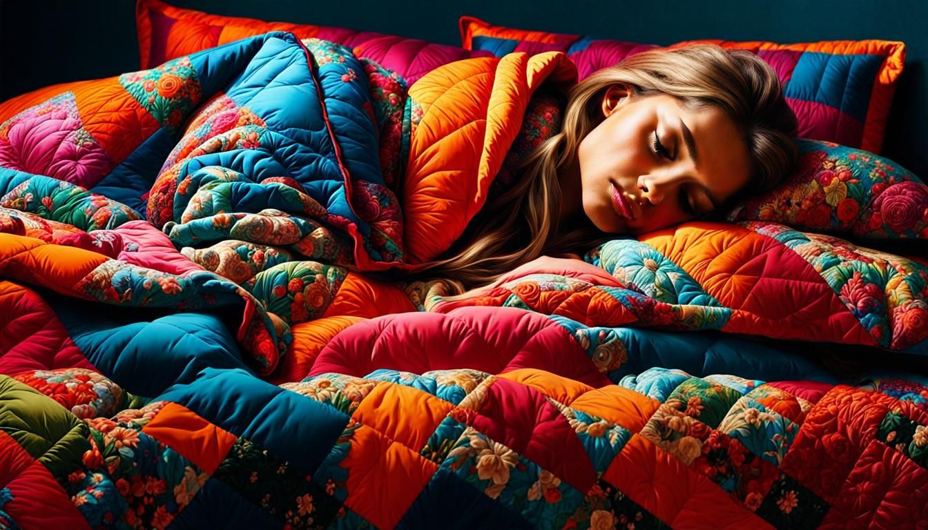 Vibrant Quilt Depicts Sleeping Woman in Digital Art Style