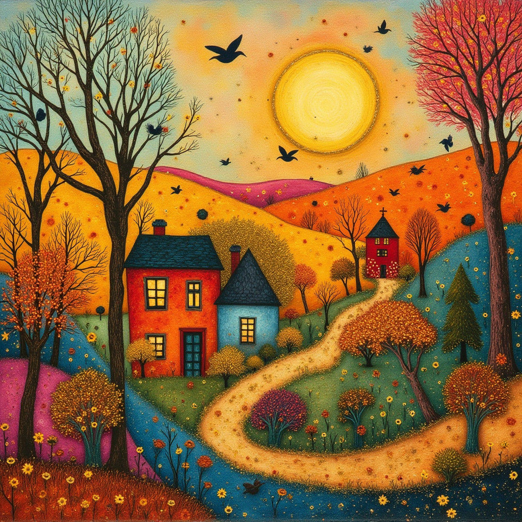 Folk Art Village Scene in Abstract Style