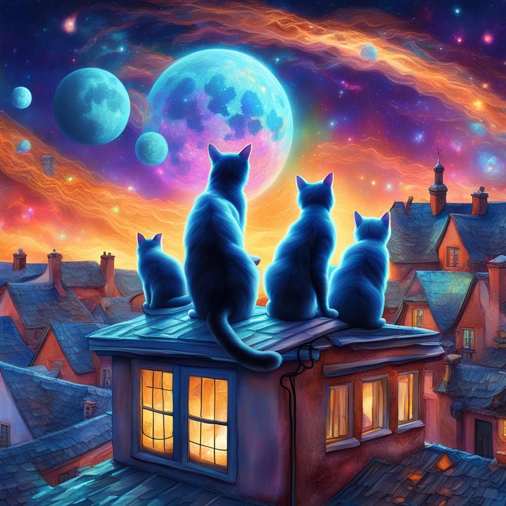 Cats Overlook Quaint Village: Cosmic Astral Illustration