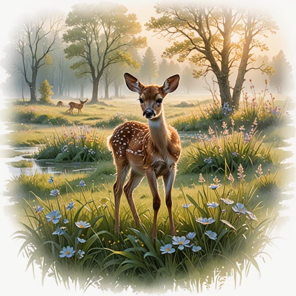 Fawn in Dew-Kissed Meadow: A Spring Morning
