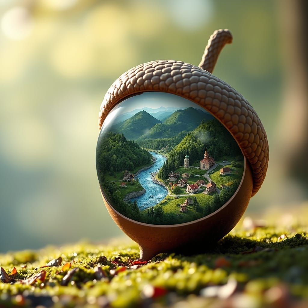 Miniature World Inside Acorn in Morning Light