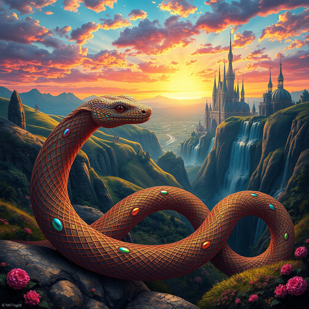 Iridescent Serpents in Mystical Fantasyland, Art Nouveau Sty...