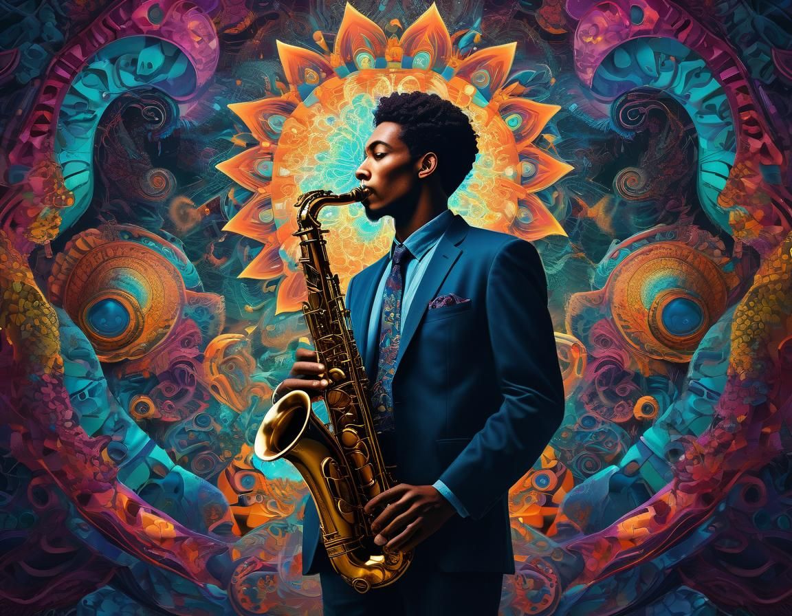 Psychedelic Saxophonist in Detailed Digital Art
