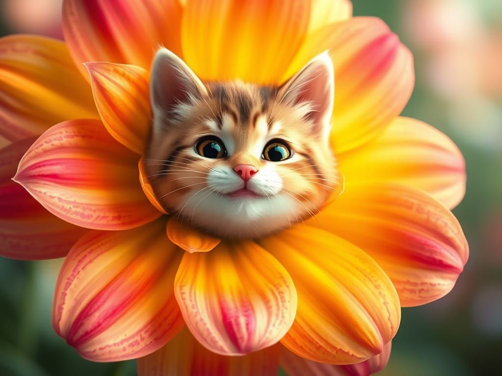 Whimsical Cat Peeking from Vibrant Blooming Flower