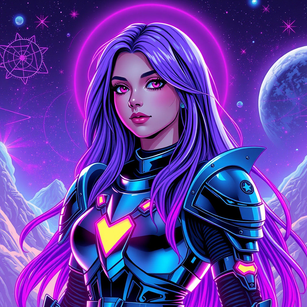 Galactic Girl with Purple Hair in Synthwave Style