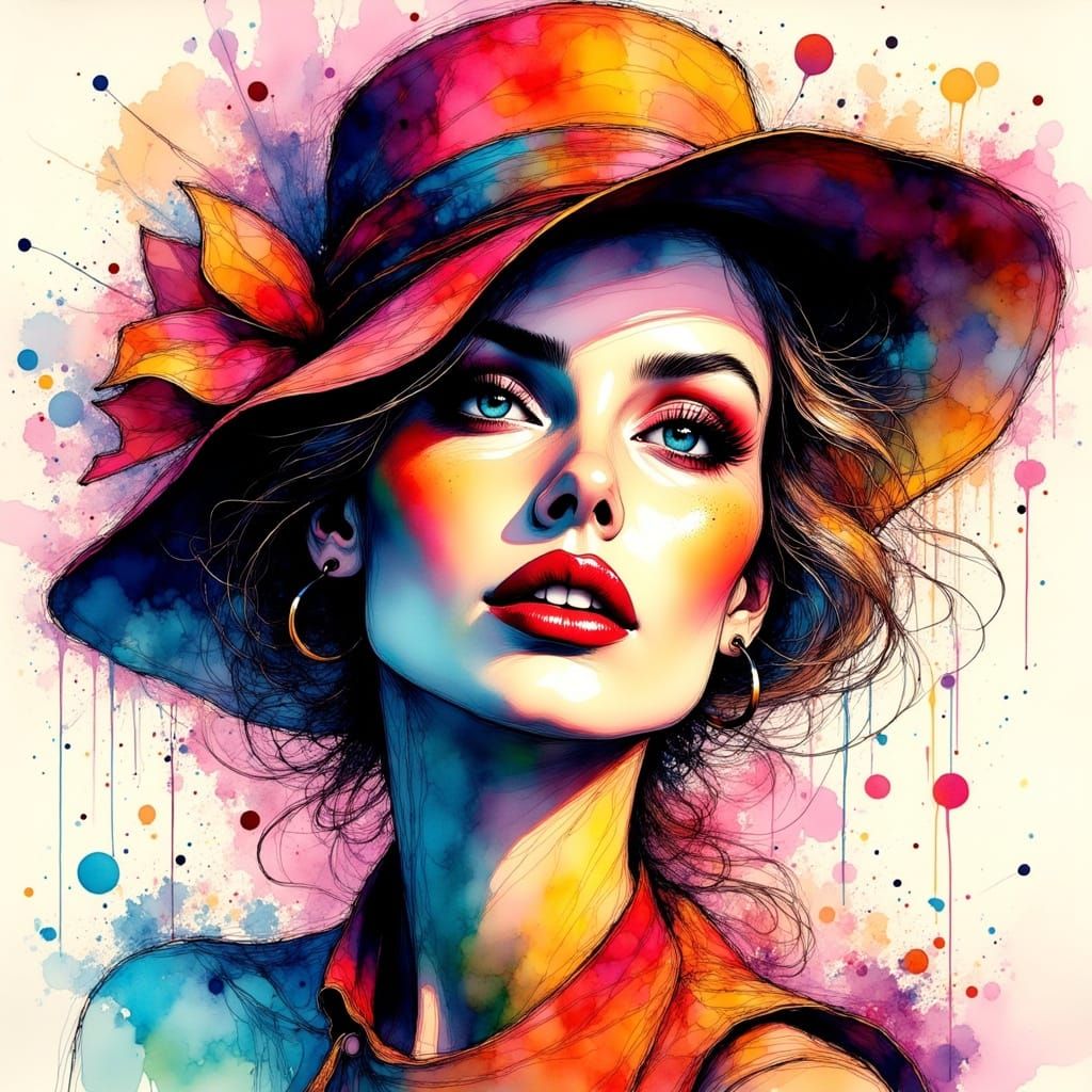 Elegant Woman Portrait in Watercolor Pop Art Style