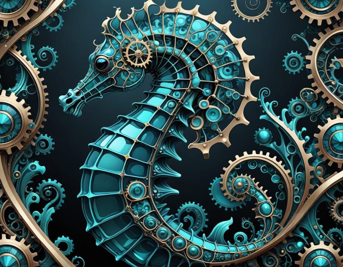 Steampunk Seahorse in Glass with Fractal Design