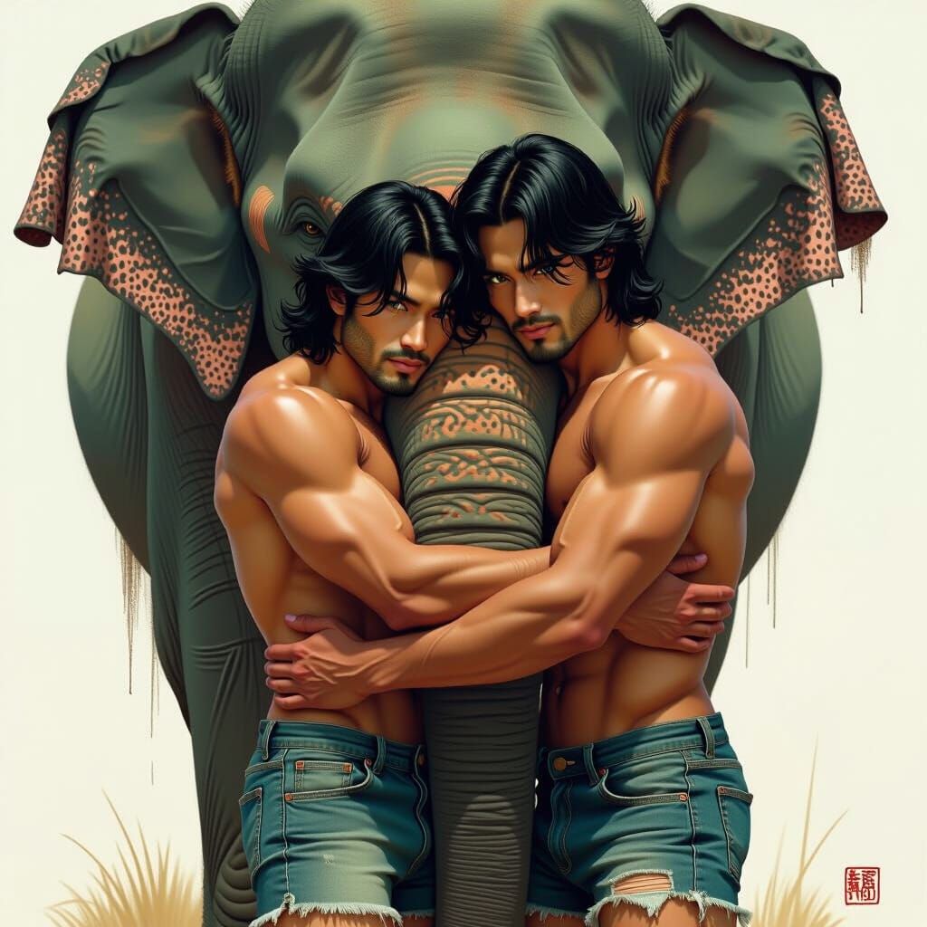 Man Hugs Elephant in Vibrant Digital Art Style