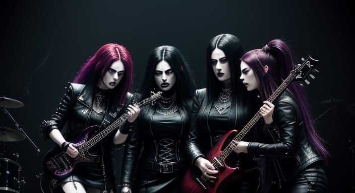 All-Female Black Metal Band on Stage in Dark Fantasy Art