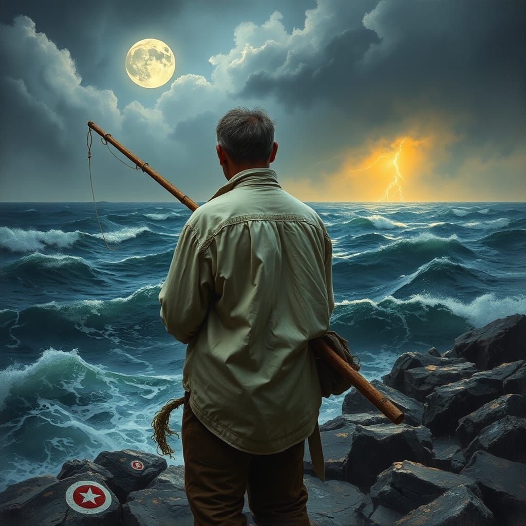 Fisherman on Stormy Seashore Under Moonlight