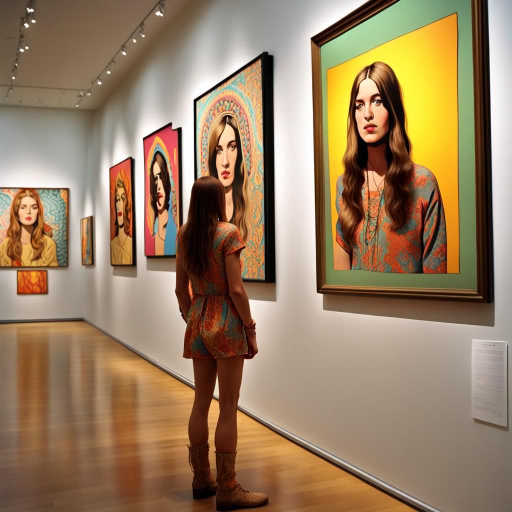 1970s Hippie Girl Gazing at Pop Art