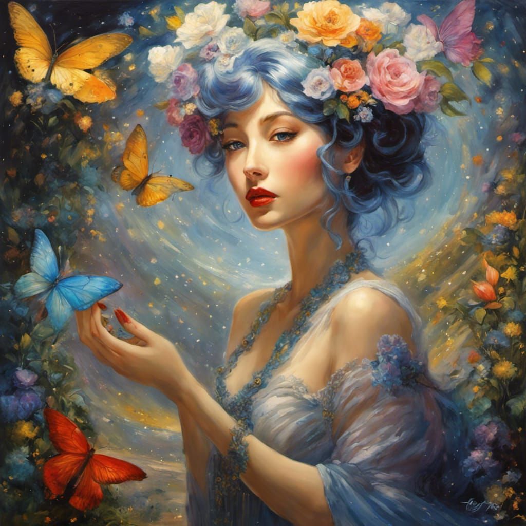 Enchanted Wonderland: Starry Night with Woman, Gouache Style