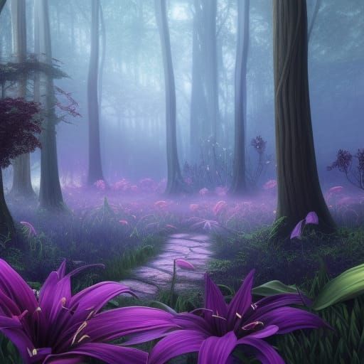 Enchanting Giant Lilies in a Misty Forest