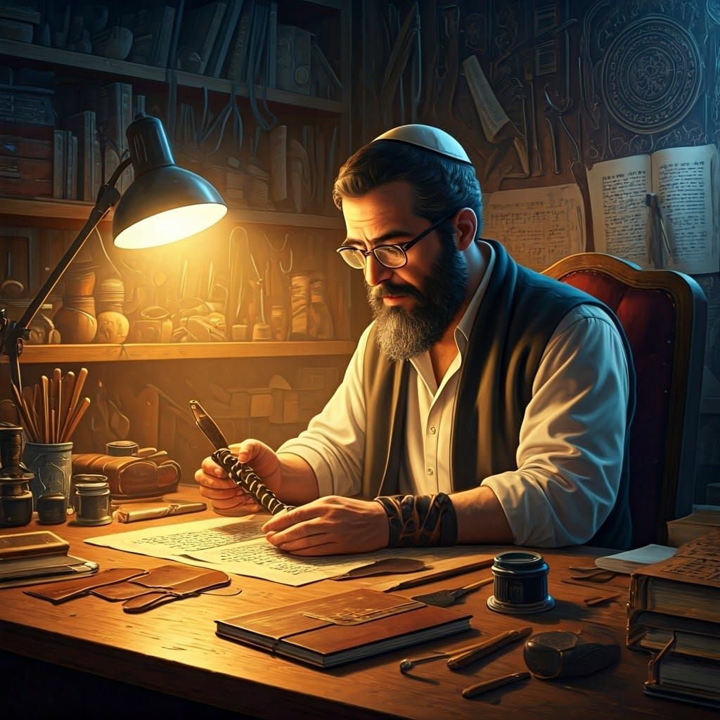 Scribe Inspecting Tefillin in Workshop, Hyperrealistic Splas...