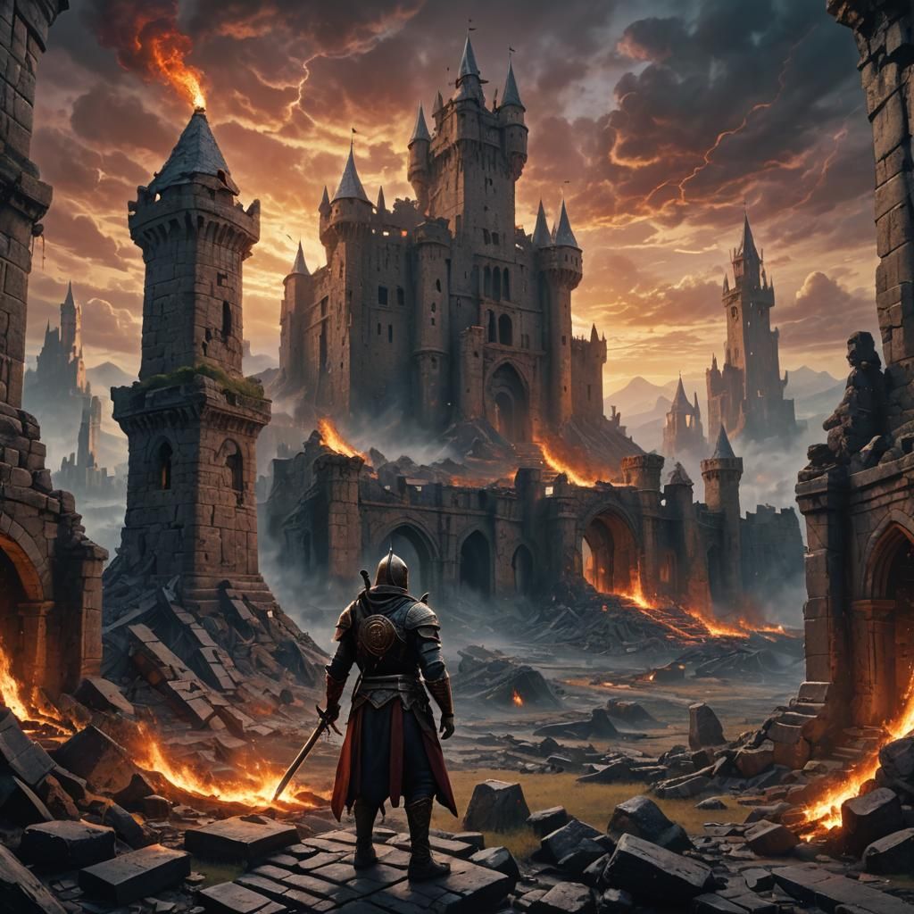 Weary Warrior in Ruined Castle: Fantasy Art