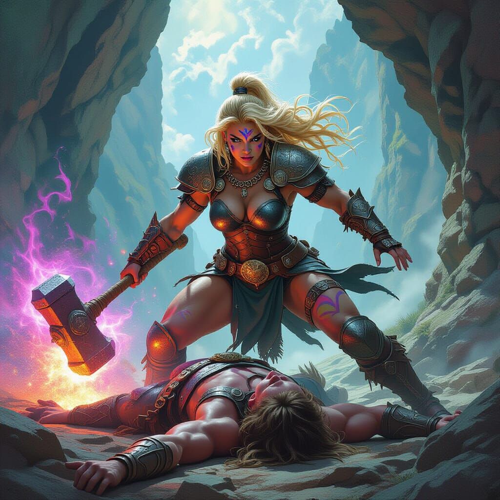 Strong Barbarian Woman Strikes Down Enemy in Astral Gorge