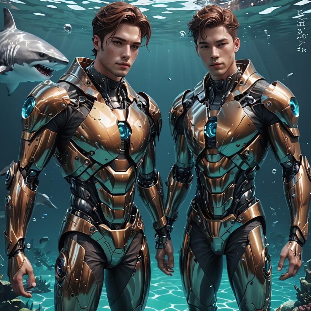 Futuristic Twins with Robotic Shark: 3D Anime Art
