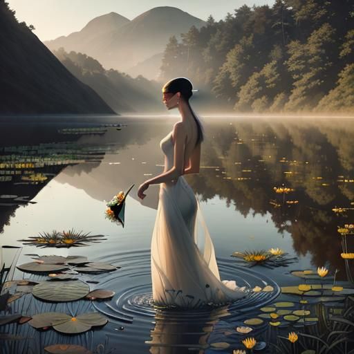 Soft warm light of golden hour casts a serene glow on a lone...