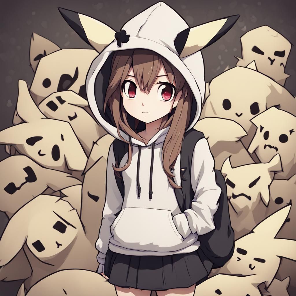 Anime Girl in Mimikyu Hoodie Illustration