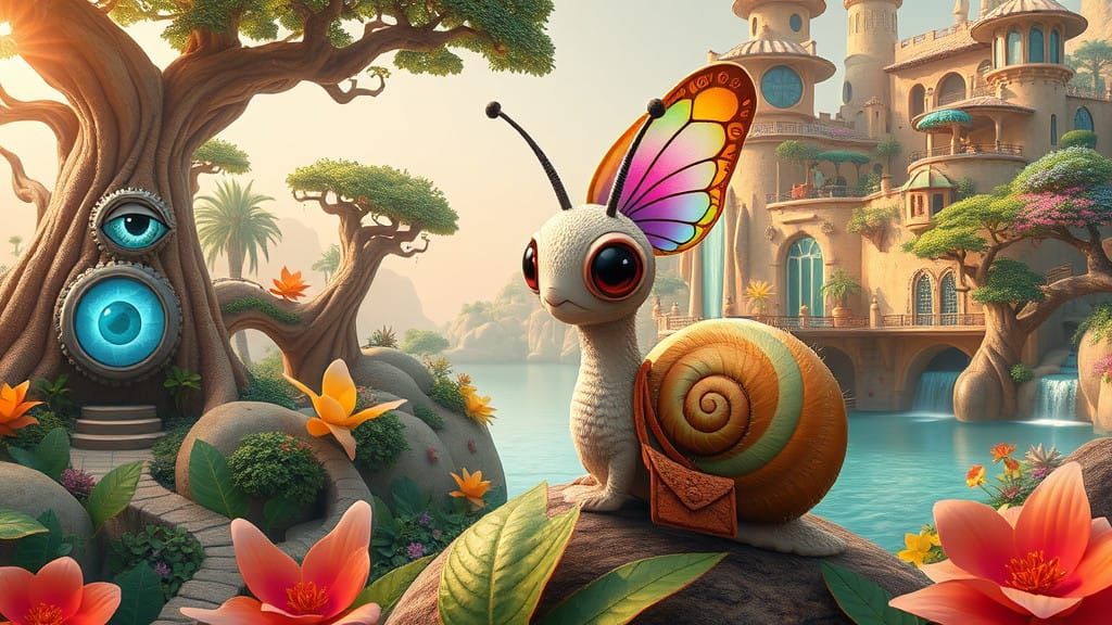 Whimsical Alien Caterpillar-Butterfly in Dreamlike Oasis