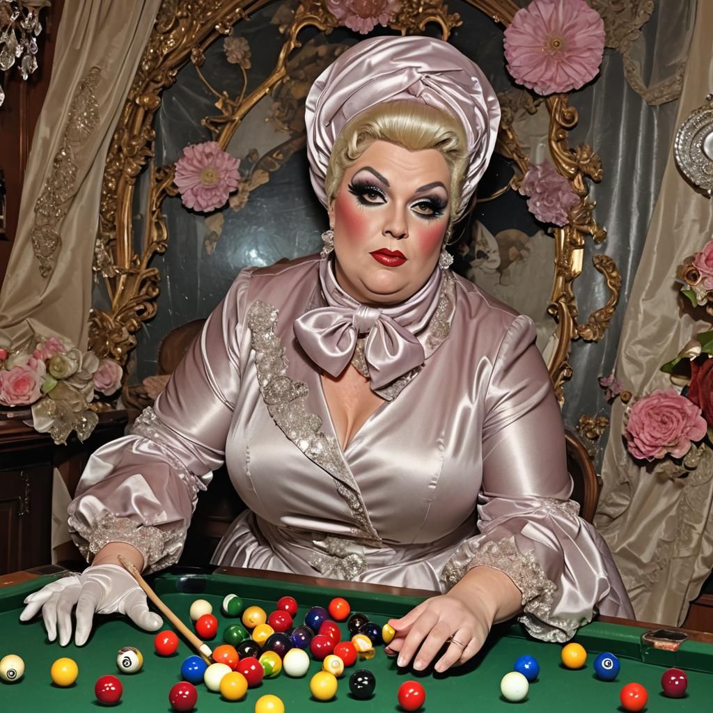 Extravagant Drag Queen Playing Snooker in Satin Wonderland
