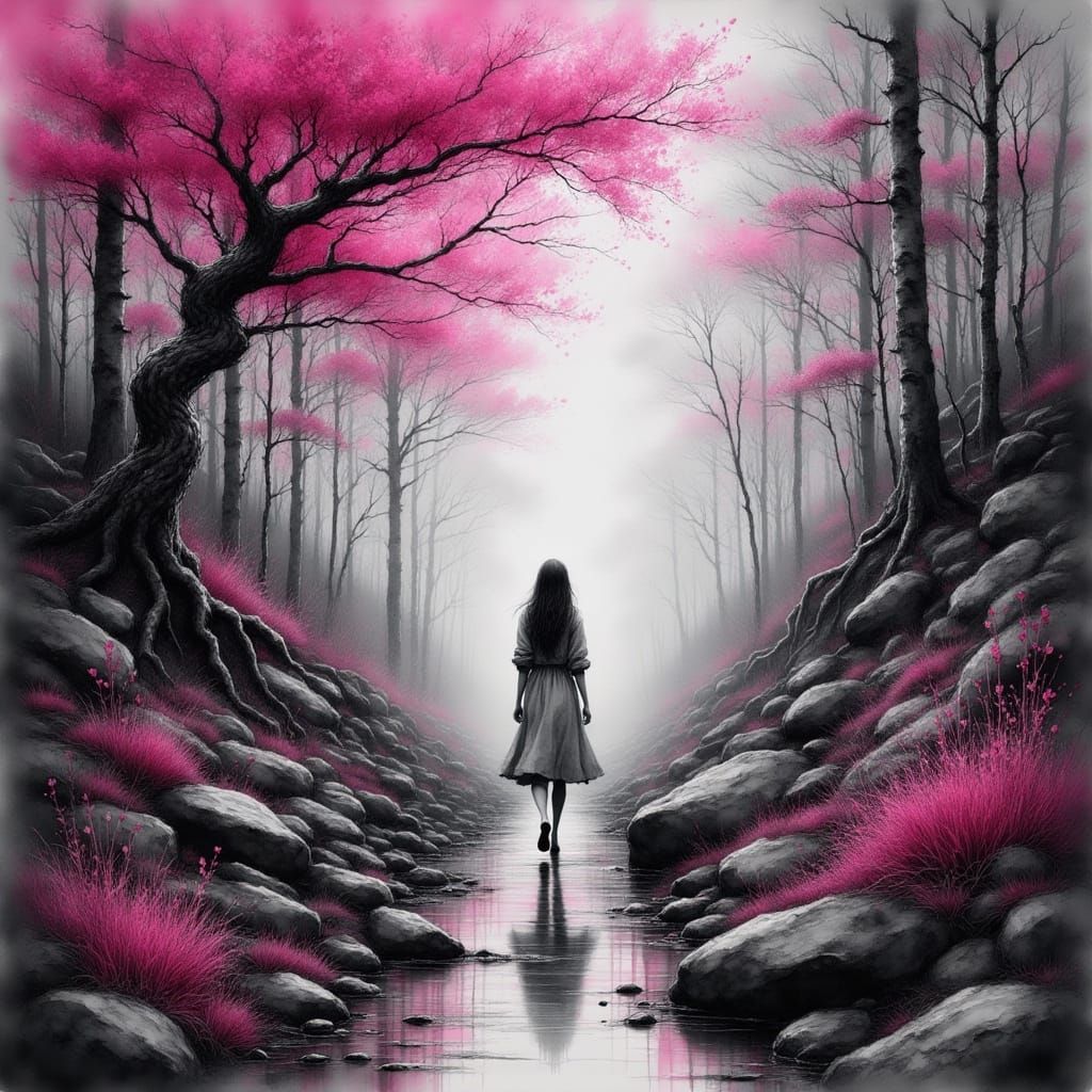 Monochromatic Forest with Pink Foliage, Digital Art