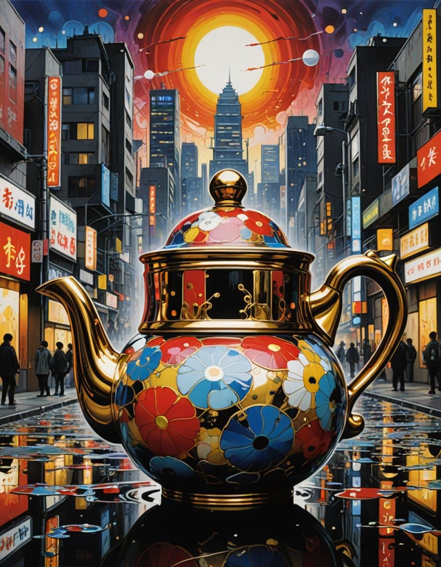 Vibrant Kintsugi Teapot in Double Exposure Cityscape Style