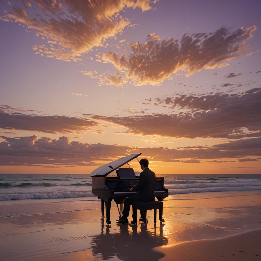 Sunset Piano Serenade: Cinematic Beach Scene