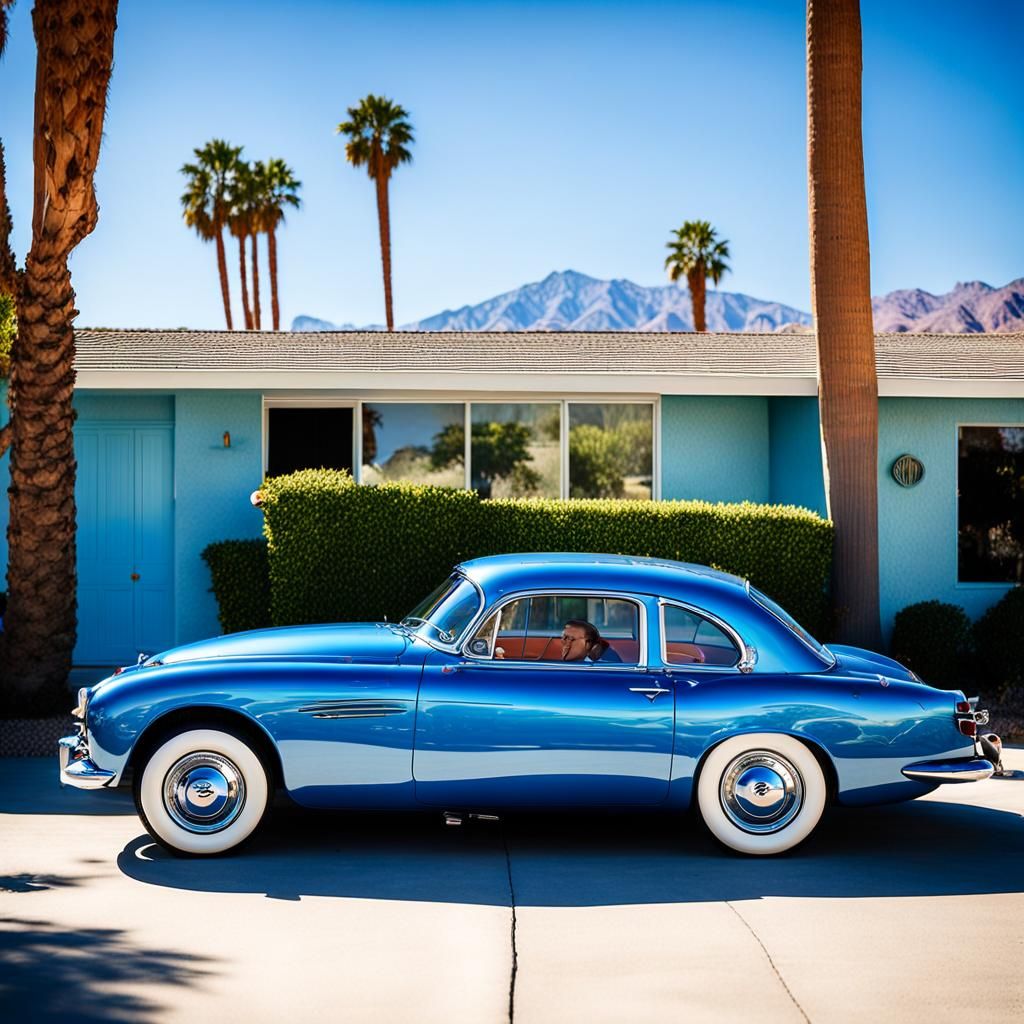 Blue Car in 1950s Palm Springs: Professional Photo