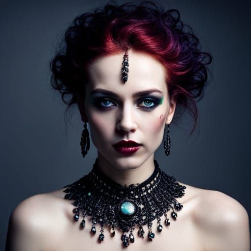 Gothic Woman Portrait with Iridescent Jewelry