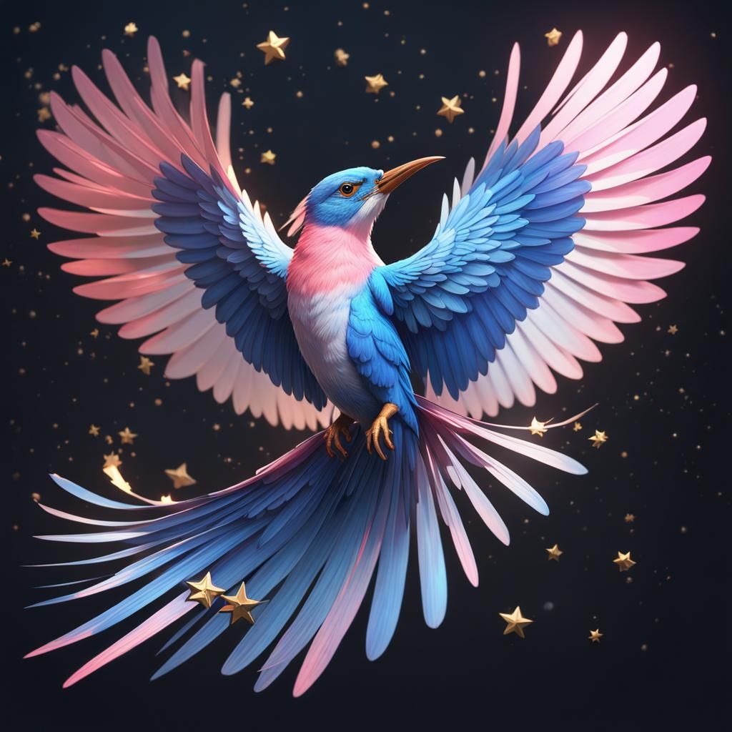 Colorful Bird with Long Tail and Gold Stars