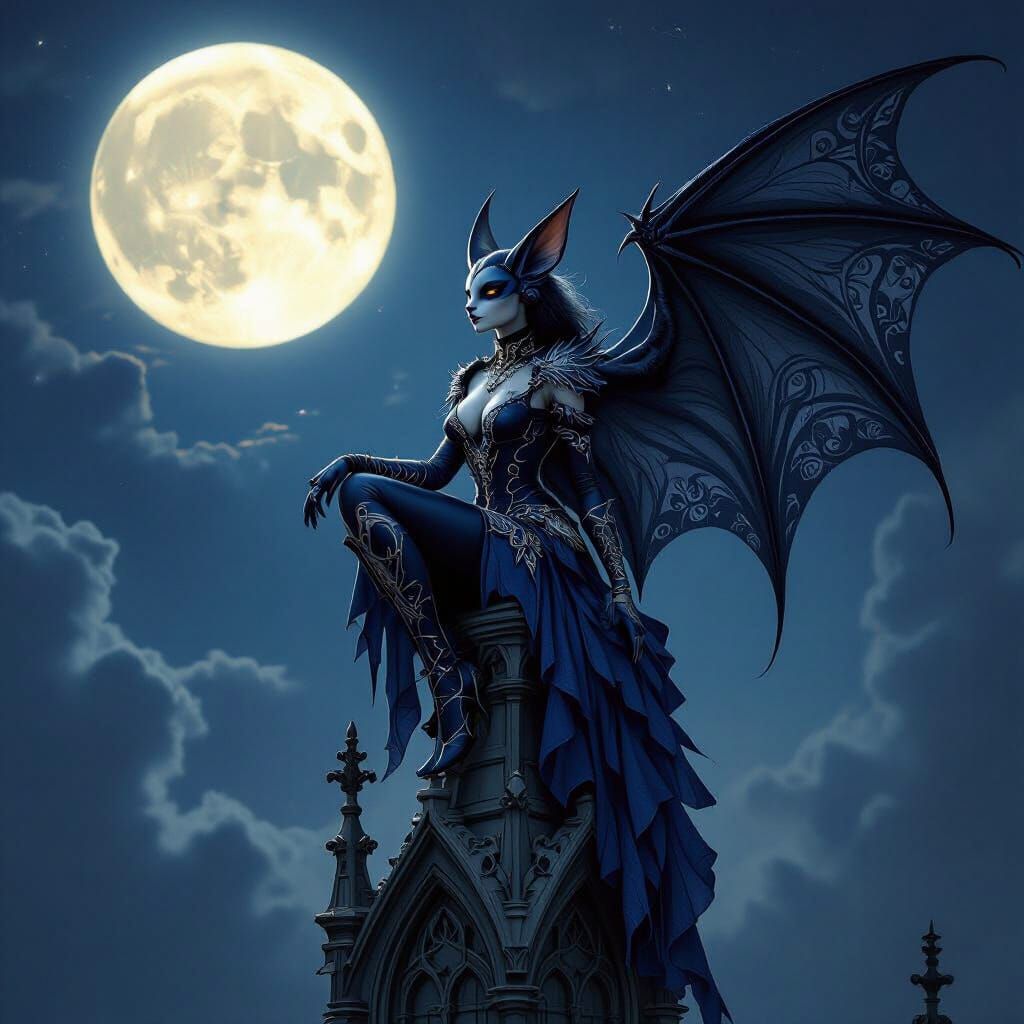 Regal Bat Woman on Gothic Spire Under Full Moon