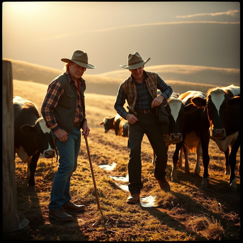 Rustic Farmers Milking Cows in a Golden Landscape