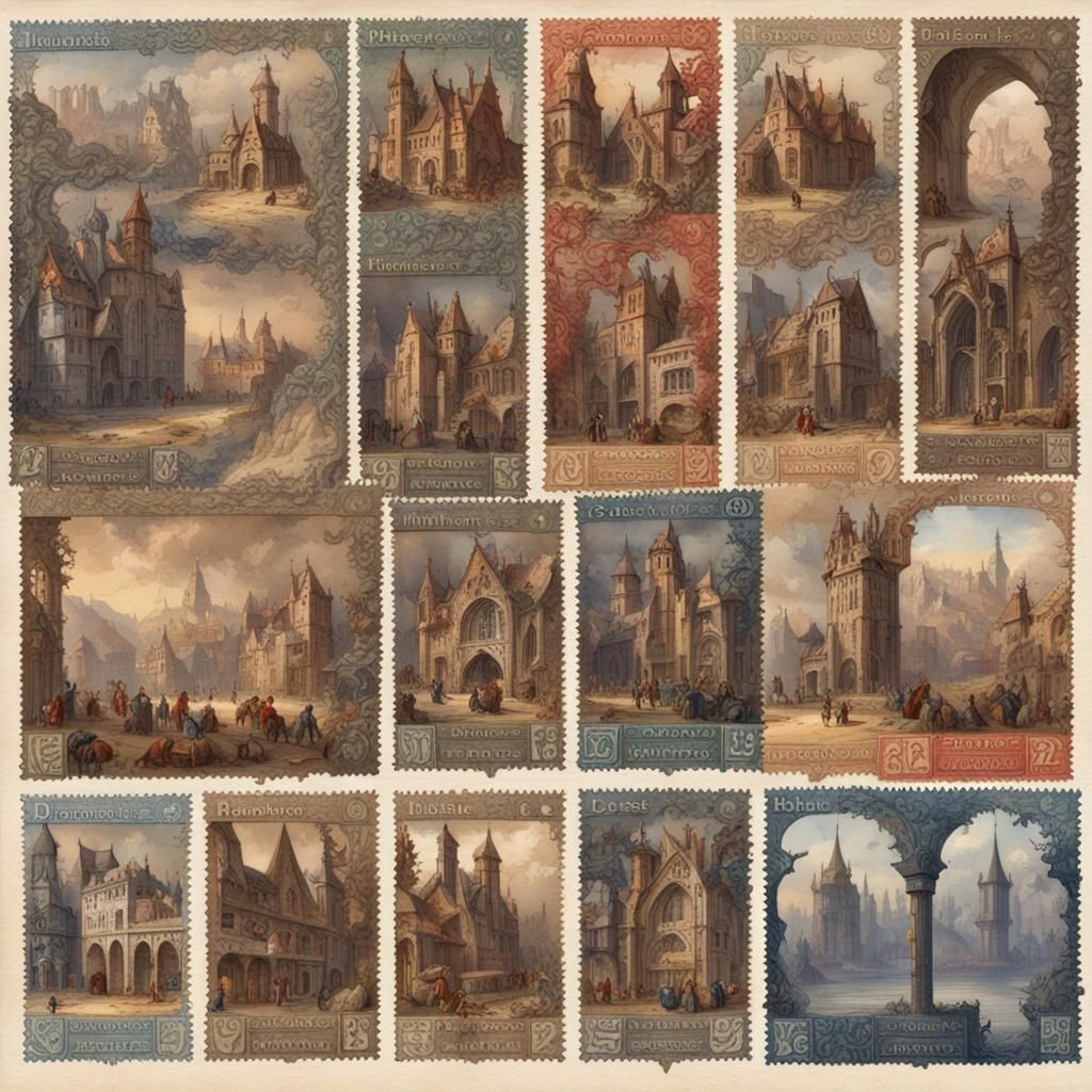 Medieval Postage Stamps in Watercolor Style