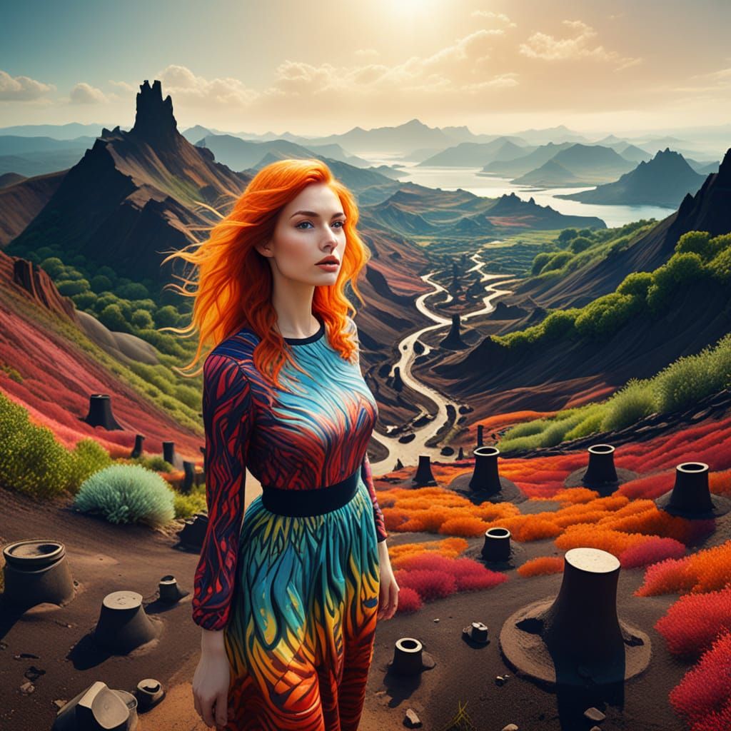 Surreal Industrial Valley Landscape with Magical Woman in Fa...