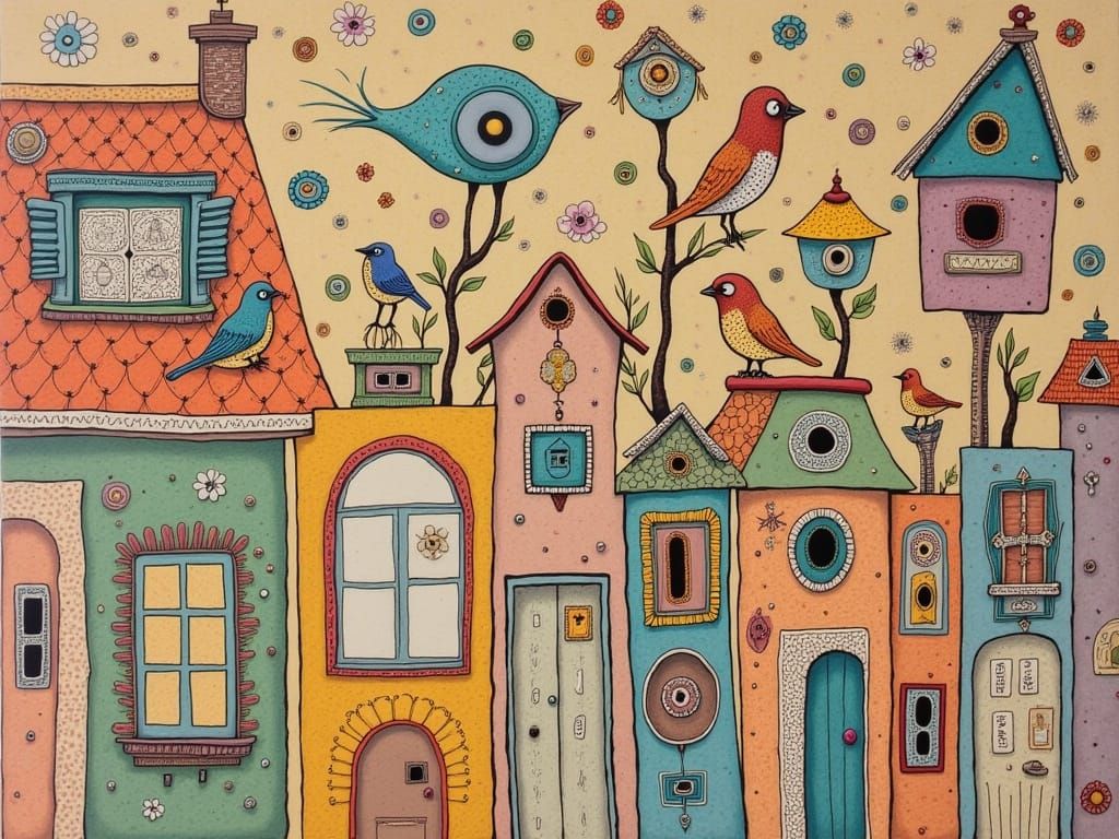 Whimsical Cartoon Row House with Birdhouses and Floral Victo...