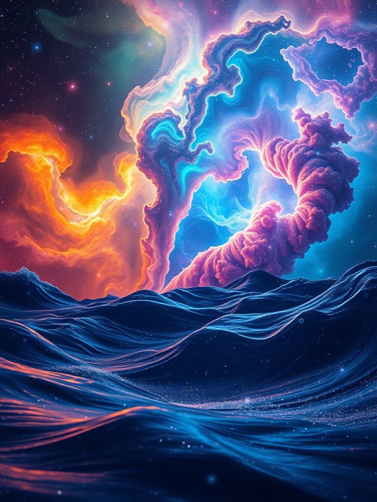 Galactic Nebula Swirls with Bioluminescent Waves