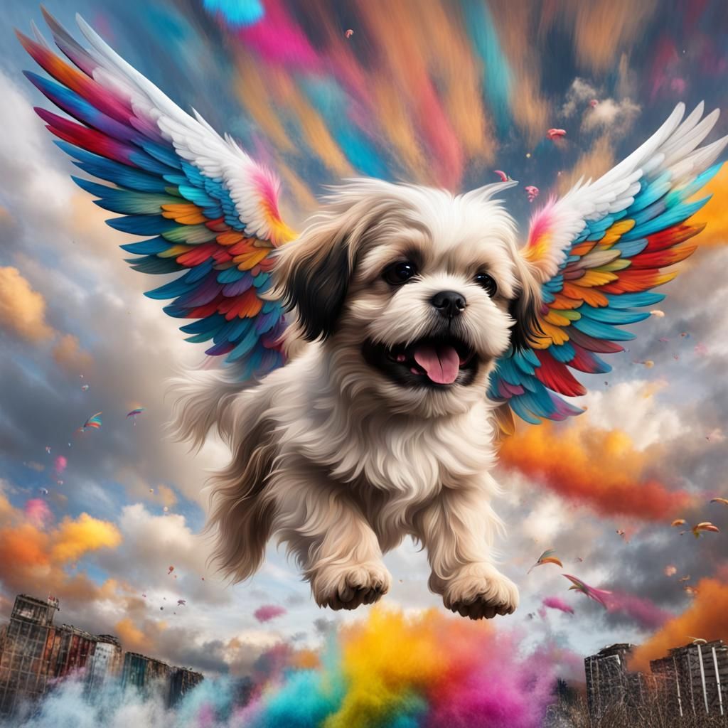 Winged Lhasa Apso Puppy in Graffiti Sky