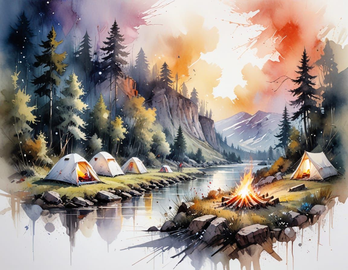 Starlit Campsite: Watercolor Adventure